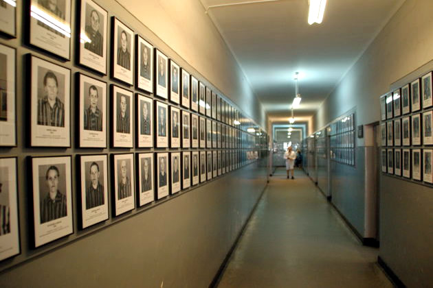Detalle de la exposición, con fotos del servicio de reconocimiento de Auschwitz